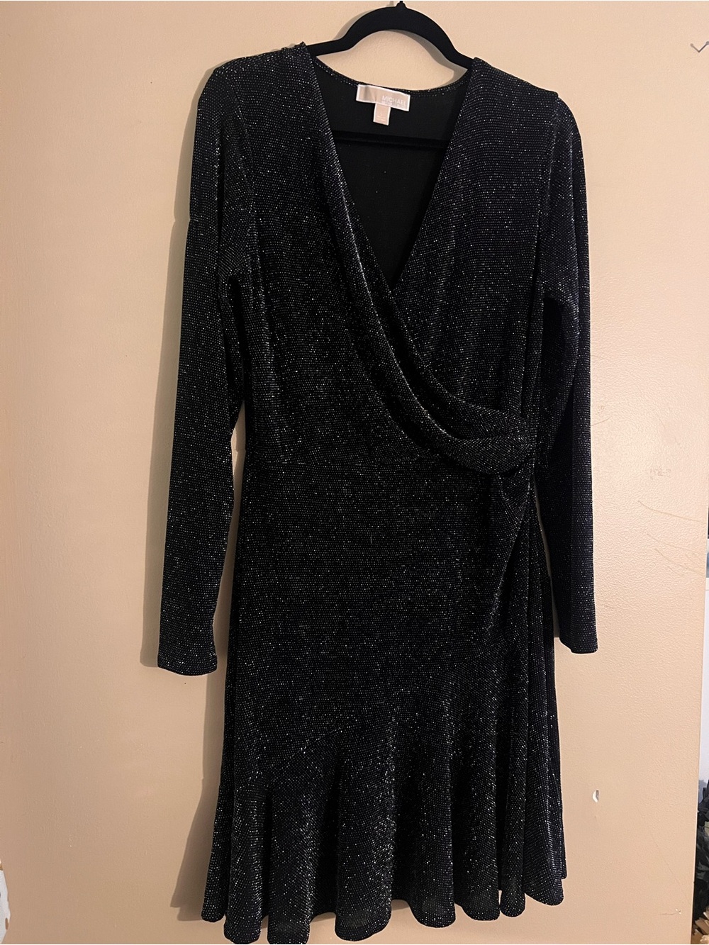 Michael Kors Black Sparkle Wrap-Style Long Sleeve Dress